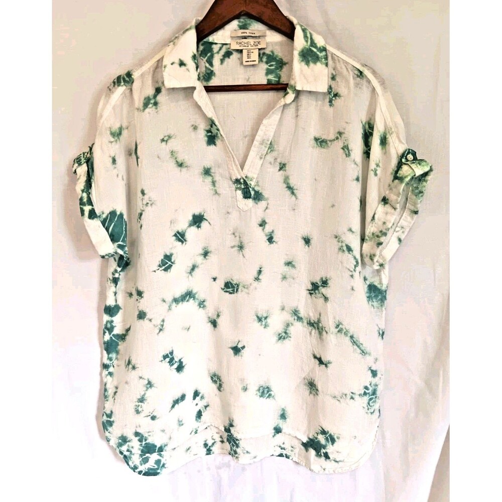 Rachel Zoe 100% Linen Tie Dye Blouse Women L Green White Roll Tab Sleeve